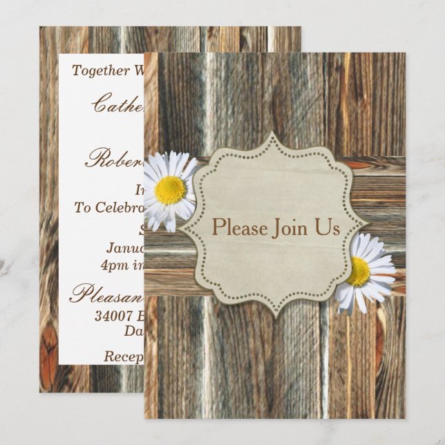Barnwood avec Daiseys Invitation Modèle (Devant / Derrière)