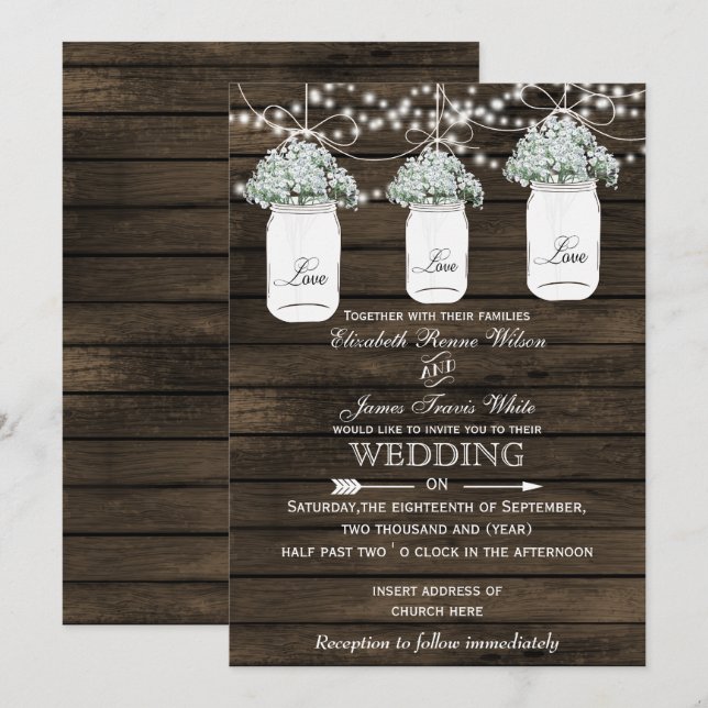Barnwood Baby's Atem Mason Glas Hochzeit lädt ein Einladung (Vorne/Hinten)