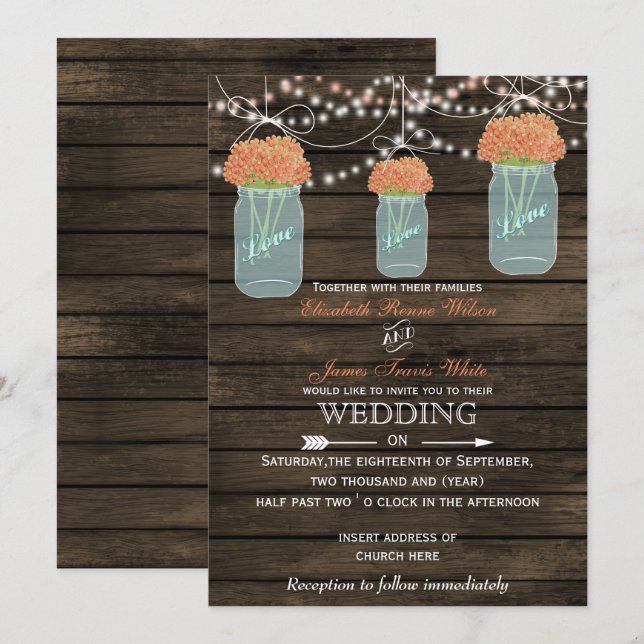 Barnwood, corail mason invitations mariage jarre (Devant / Derrière)