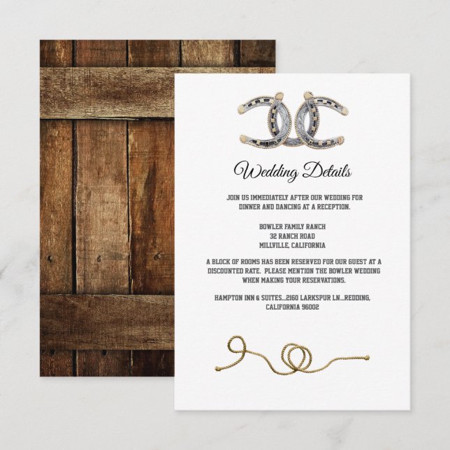 Barnwood, Country Lace & Horseshoes Wedding Begleitkarte (Vorne/Hinten)
