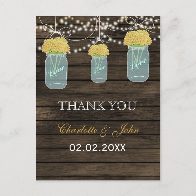 Barnwood gelbe Blumen Maurerkrüste Danke für Ihre  Postkarte (Vorderseite)