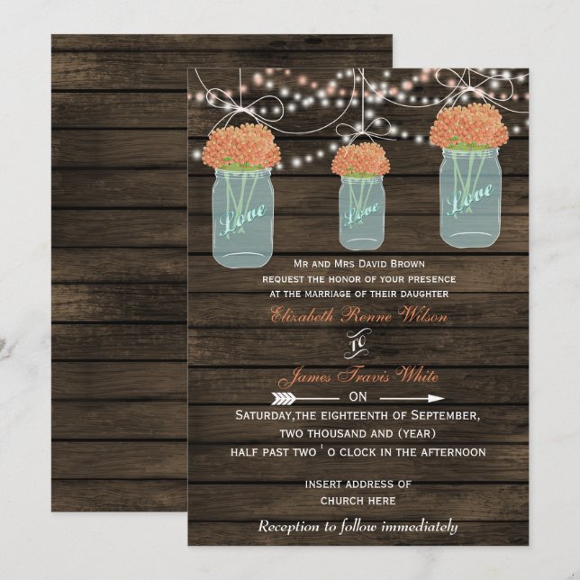Barnwood, Korallenmason Glas Hochzeit lädt ein Einladung (Vorne/Hinten)