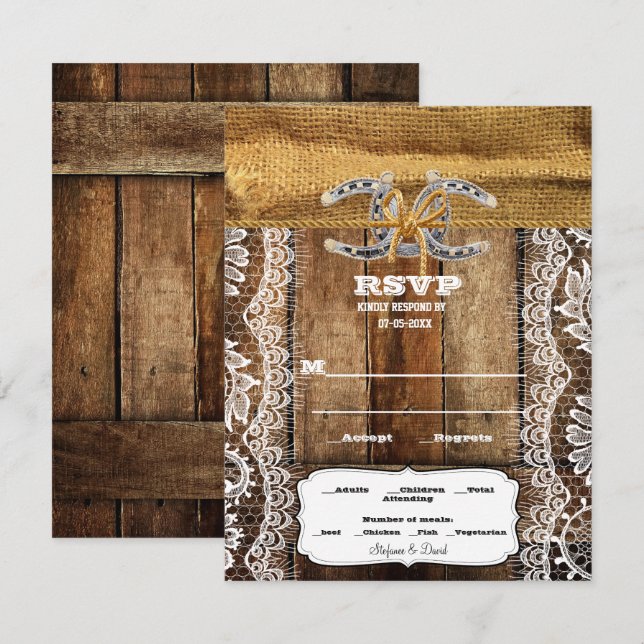 Barnwood, Lace & Horseshoes Wedding RSVP Karte (Vorne/Hinten)