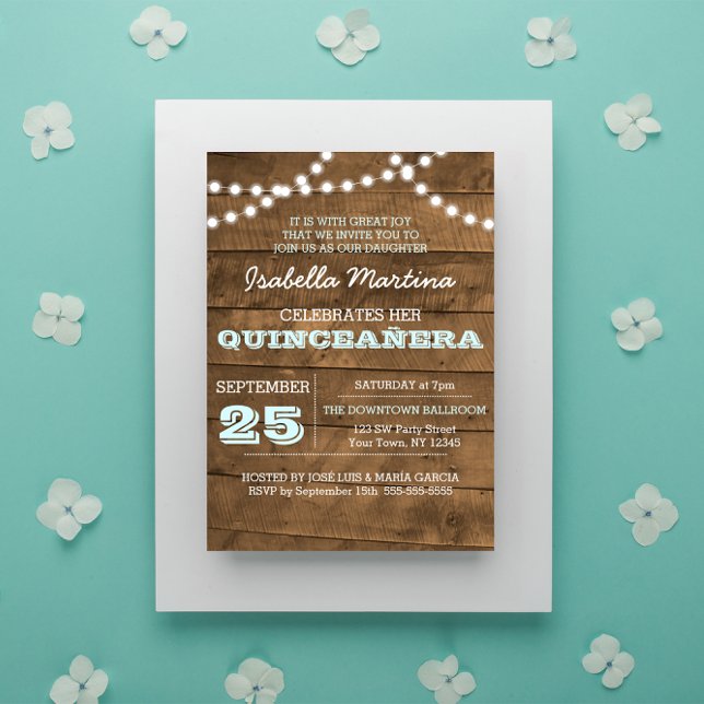 Barnwood Lights Aqua Quinceañera Einladung (Von Creator hochgeladen)