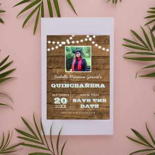 Barnwood Lights Aqua Quinceñera Foto Rett Datum Ankündigungspostkarte