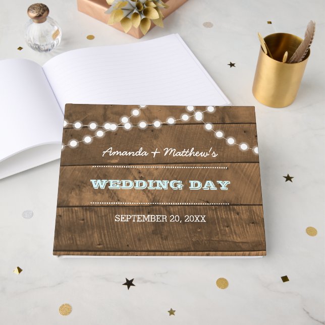 Barnwood Lights Aqua Wedding Guest Book Gästebuch (Vorderseite Offen)
