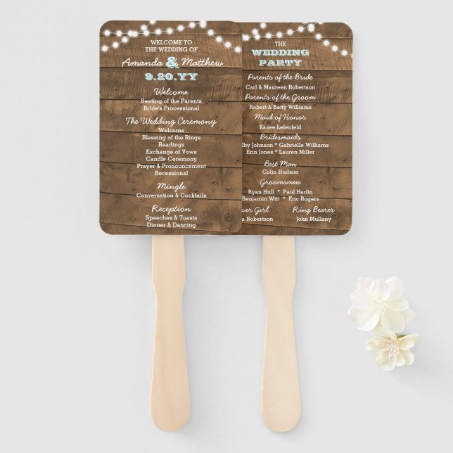 Barnwood Lights Aqua Wedding Program Hand Fans Fächer (Vorne und Hinten)