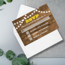 Barnwood Lights Gold Wedding RSVP Card