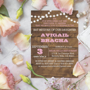 Barnwood Lights Pink B"H Bat Mitzvah Einladung