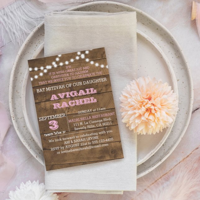 Barnwood Lights Pink B"H Invitation Bat mitzvah (Créateur téléchargé)