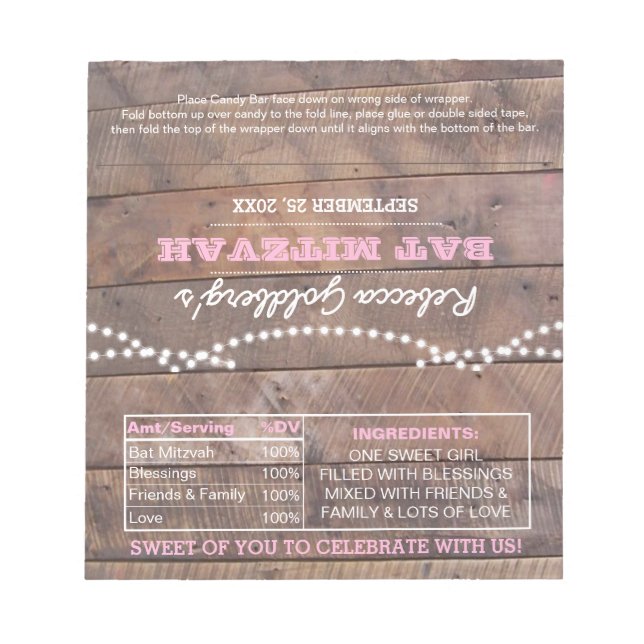 Barnwood Lights Pink Bat Mitzvah Candy Wrappers Notizblock (Vorderseite)