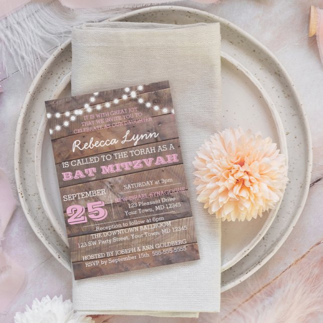 Barnwood Lights Pink Bat Mitzvah Einladung (Von Creator hochgeladen)