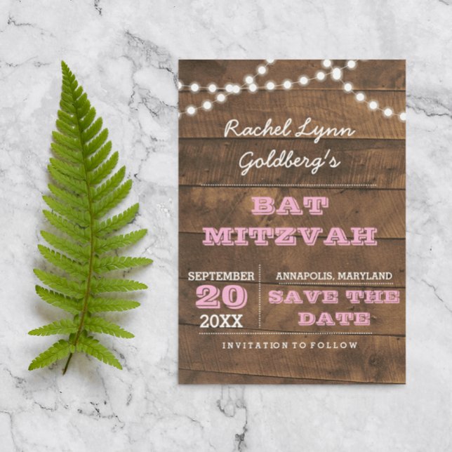 Barnwood Lights Pink Bat Mitzvah Save the Date Ankündigungspostkarte (Von Creator hochgeladen)