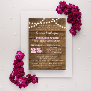 Barnwood Lights Pink First Communion Invitation