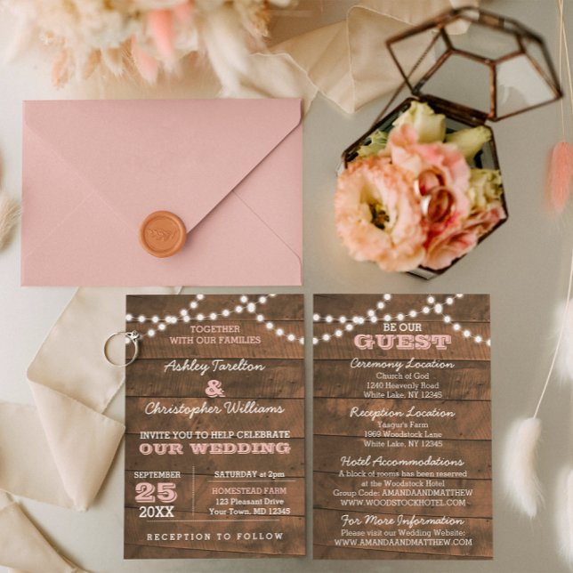 Barnwood Lights Pink Wedding Information Card Begleitkarte (Von Creator hochgeladen)