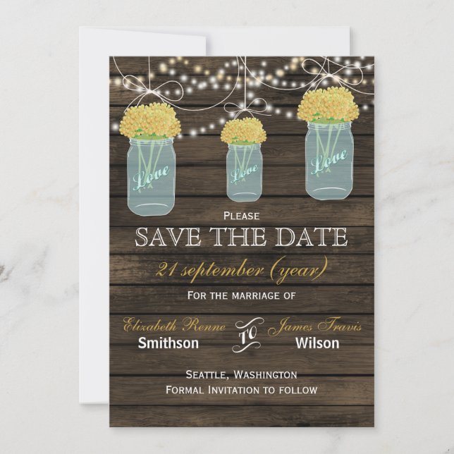 Barnwood-Mason-Gläser Gelbe Blumen Save the Date (Vorderseite)