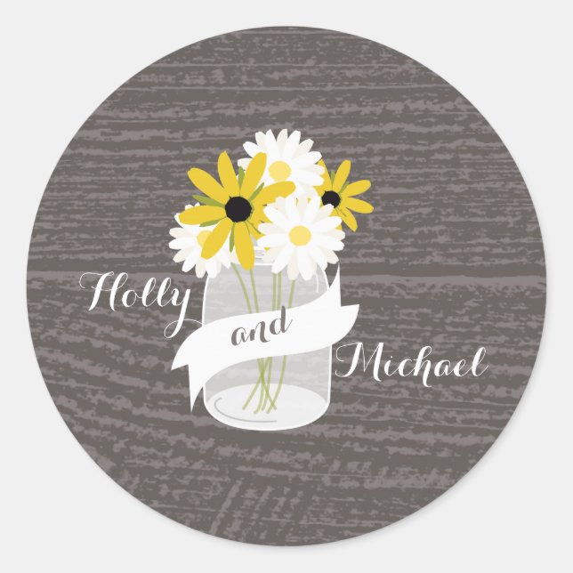Barnwood + Mason Jar Wildblumen Hochzeitsticker Runder Aufkleber (Vorderseite)