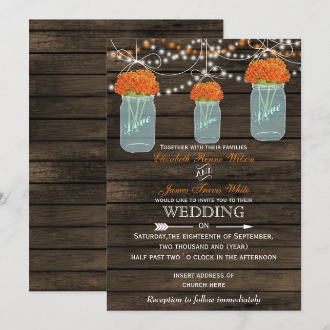 Barnwood, Orangenmason Jar Hochzeitseinladungen Einladung (Vorne/Hinten)