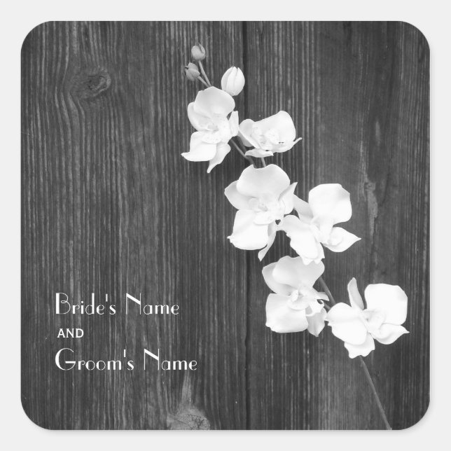 Barnwood & Orchids Hochzeitsticker Quadratischer Aufkleber (Vorderseite)