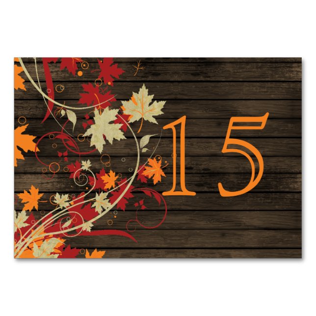 Barnwood Rustic, Herbstlaub Hochzeit Tischnummern (Vorderseite)