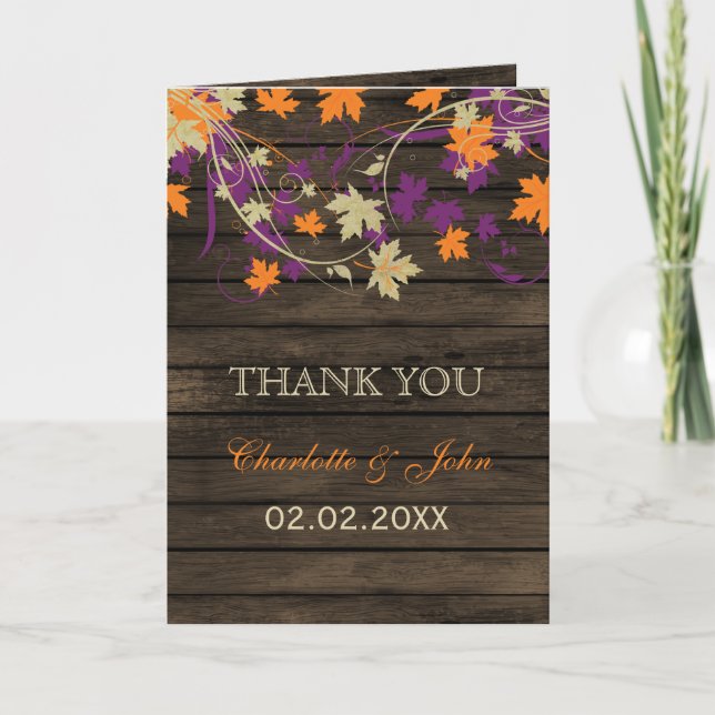 Barnwood Rustic Pflaume Herbstlaub Hochzeit Vielen Dankeskarte (Vorderseite)