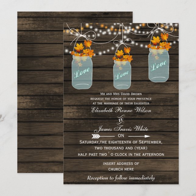 Barnwood, Rustikale Jar Hochzeit im Herbst lädt ei Einladung (Vorne/Hinten)
