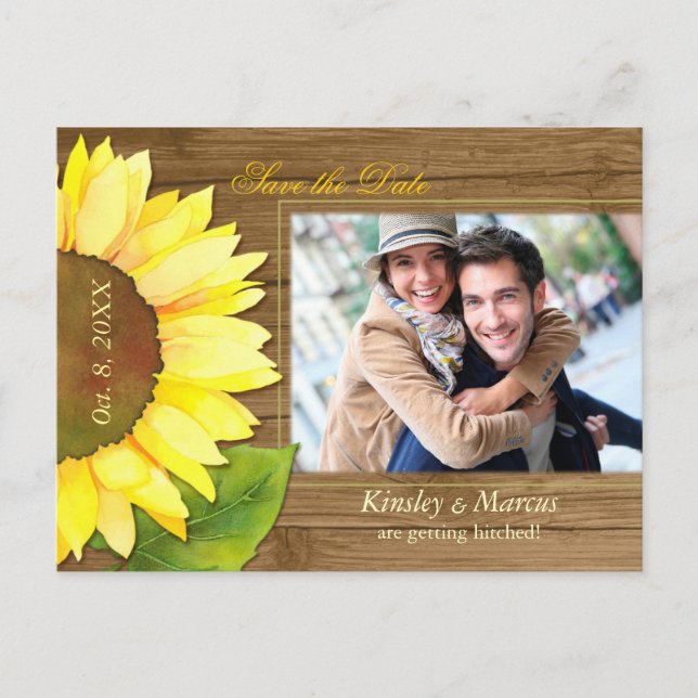 Barnwood Sonnenblumen Foto Hochzeit Speichern Sie  Ankündigungspostkarte (Vorderseite)