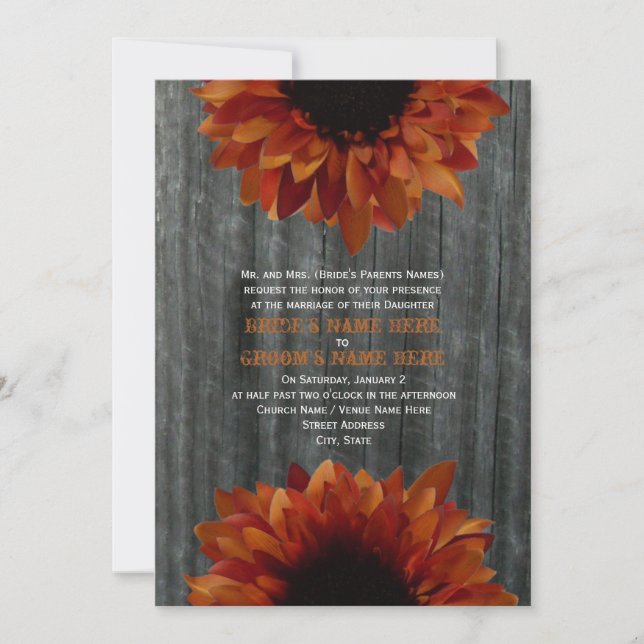 Barnwood & Sunflower Hochzeit im Herbst Einladung (Vorderseite)
