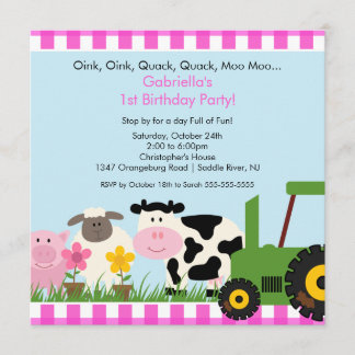 Barnyard Animal Fun Geburtstagspartei Pink Girls Einladung
