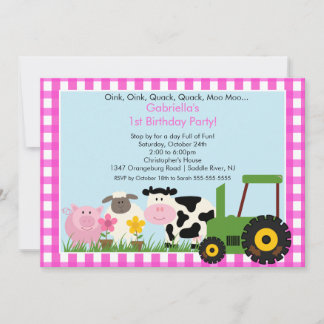 Barnyard Animal Fun Geburtstagspartei Pink Girls Einladung