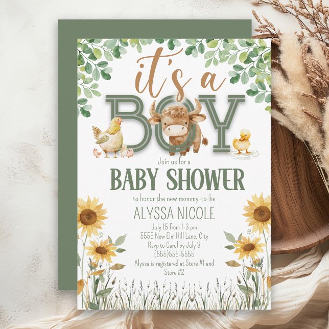 Barnyard Animals Baby Boy Baby Dusche Einladung (Cute baby boy farm animal baby shower invitation)