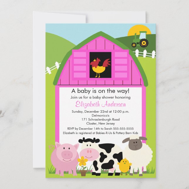 Barnyard Animals Baby Dusche Einladung Pink Girls (Vorderseite)