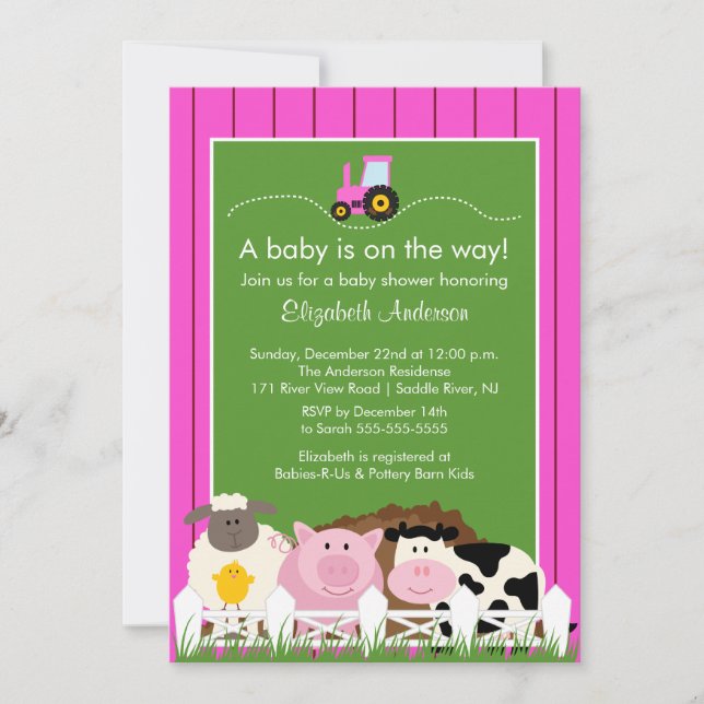 Barnyard Animals Baby Dusche Einladung Pink Girls (Vorderseite)