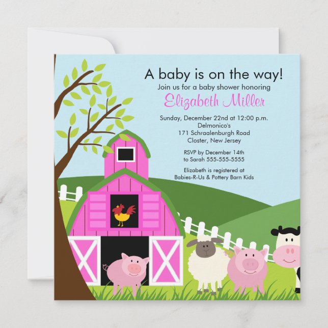 Barnyard Animals Baby Shower Einladung für Mädchen (Vorderseite)