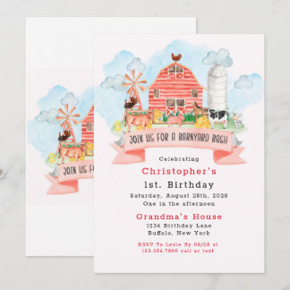 Barnyard Bash Farm Animals 1. Geburtstag Party Einladung