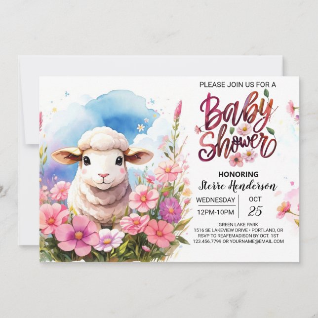 Barnyard Beauty Pink Lamb Girl Babydusche Einladung (Vorderseite)