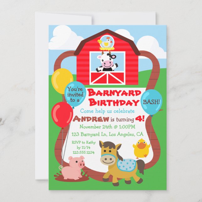 Barnyard Birthday Kids Invitation - Landtiere Einladung (Vorderseite)