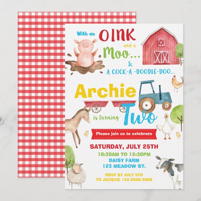 Barnyard Birthday Party Farm Animals verwandeln zw Einladung (Vorne/Hinten)