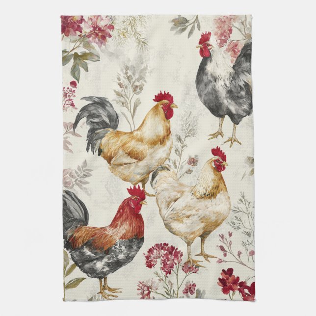 Barnyard Chickens and Botanical Pattern Design Geschirrtuch (Vertikal)