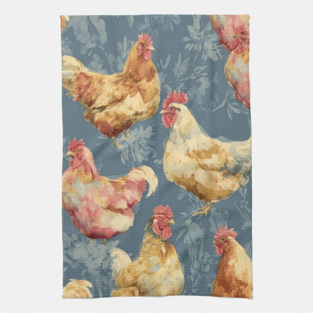 Barnyard Chickens and Botanical Pattern Design Geschirrtuch (Vertikal)