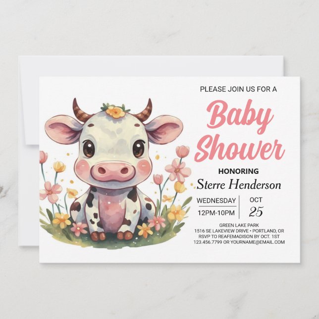 Barnyard Elegant Pink Cow Baby Dusche Einladung (Vorderseite)