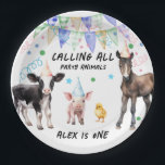 Barnyard Farm Animals 1. Geburtstag Pappteller<br><div class="desc">Kinderfarm Tier Barnyard Geburtstag Thema. Einfach zu personalisieren: Schwein,  Kuh,  Küken,  Pferd Aquarellbilder mit Konfetti,  Bundbanner,  Party Hüte niedlich und skurril</div>