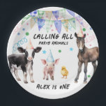 Barnyard Farm Animals 1. Geburtstag Pappteller<br><div class="desc">Kinderfarm Tier Barnyard Geburtstag Thema. Einfach zu personalisieren: Schwein,  Kuh,  Küken,  Pferd Aquarellbilder mit Konfetti,  Bundbanner,  Party Hüte niedlich und skurril</div>