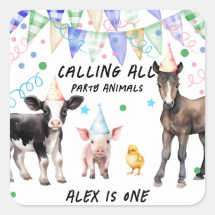 Barnyard Farm Animals 1. Geburtstag Quadratischer Aufkleber