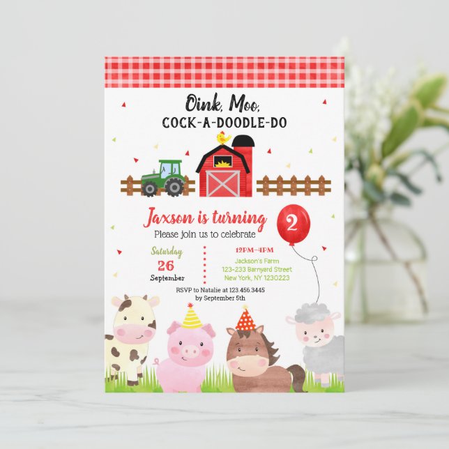 Barnyard Farm Animals 2. Geburtstag Einladungen (Stehend Vorderseite)