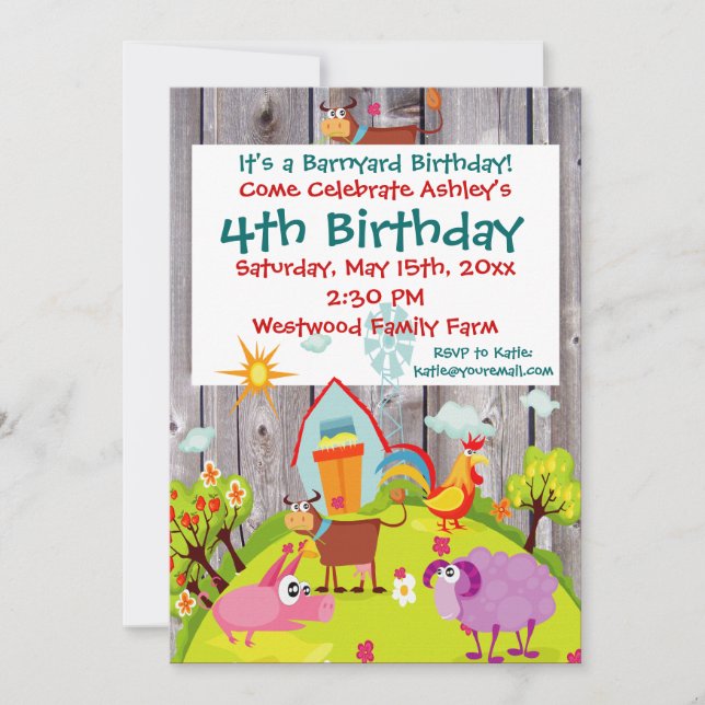 Barnyard Farm Animals Barnwood Birthday Einladung (Vorderseite)