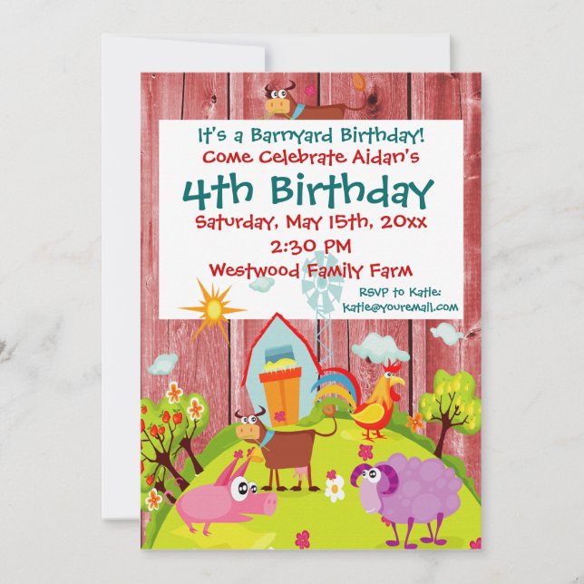 Barnyard Farm Animals Barnwood Birthday Einladung (Vorderseite)