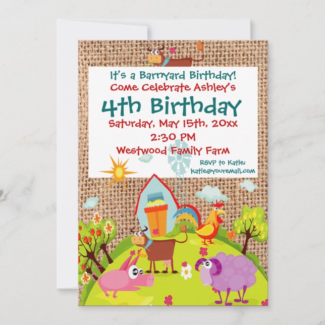 Barnyard Farm Animals Burlap Einladungen zum Gebur (Vorderseite)