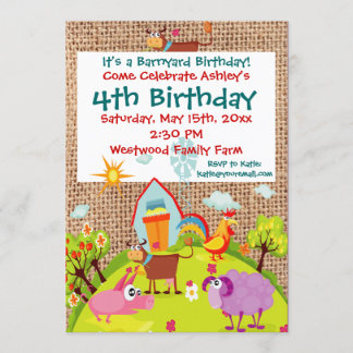 Barnyard Farm Animals Burlap Einladungen zum Gebur