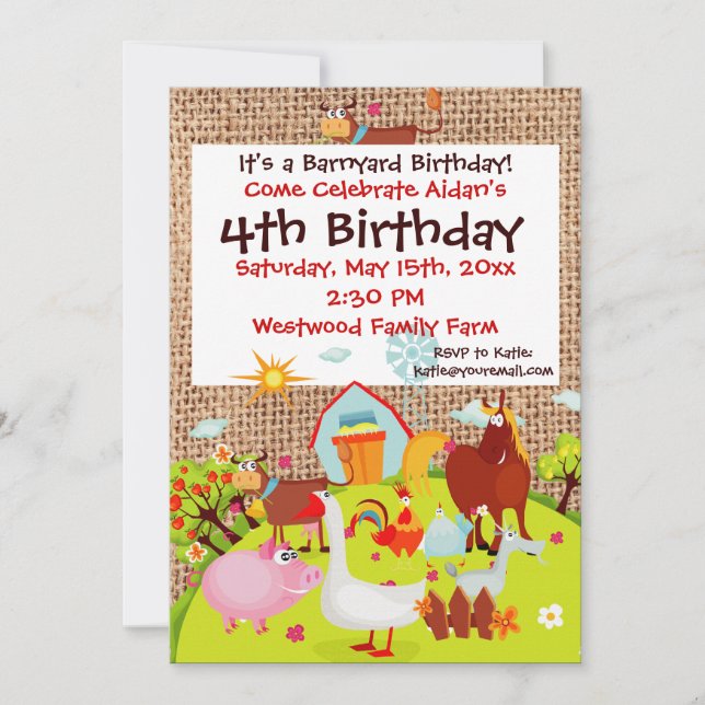 Barnyard Farm Animals Burlap zum Geburtstag Einlad Einladung (Vorderseite)